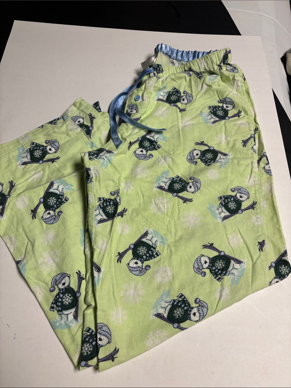 Adonna Light Green Snowman Pajama Bottoms with Blue Drawstring